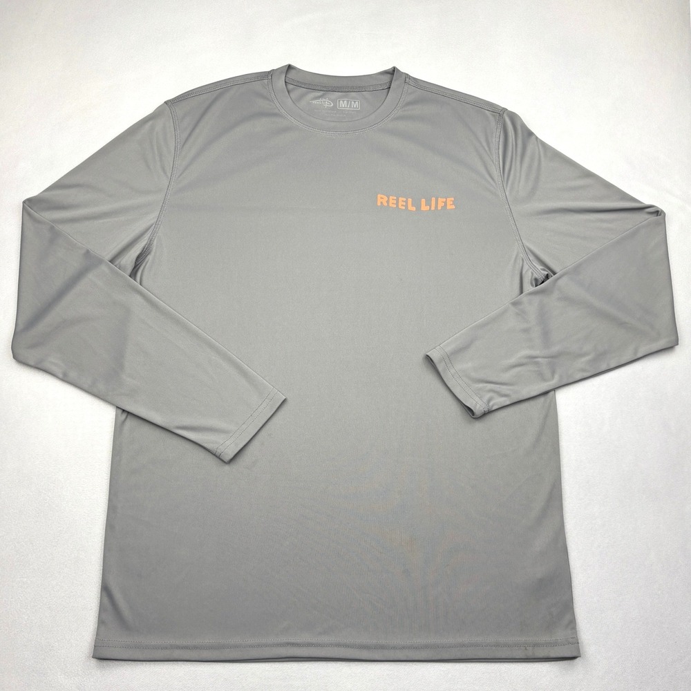 Reel Life Mens Medium Gray Long Sleeve Performance Sun Fishing Shirt Ocean Waves